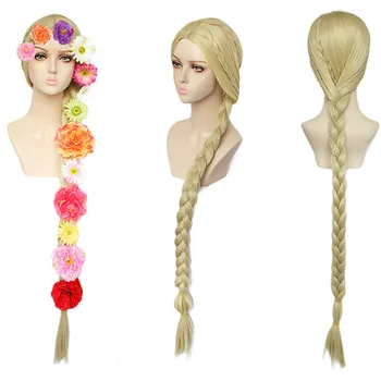 120cm/48inch Halloween Sieviešu Princese Rapunzel Tangled Cosplay Parūka, blonda bize matu Lomu spēles, zelta Pīti Mati un ziedi