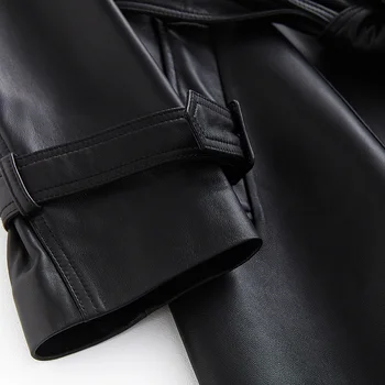 Lautaro Ilgi, melns ādas uzrakt mētelis sievietēm ar garām piedurknēm ar jostu atloks Sieviešu modes 2020. gadam Luksusa pavasara plus lieluma jakas 7xl
