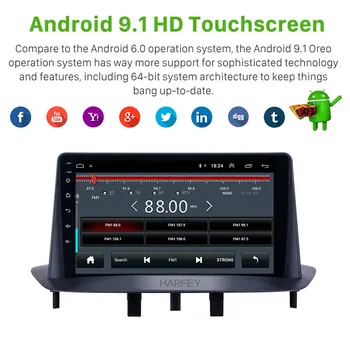 Harfey GPS Auto Radio, 9 collu Android 9.0 HD Touchscreen par Renault Megane 3 2009 2010 2011 2012 2013 atbalstu Carplay SWC