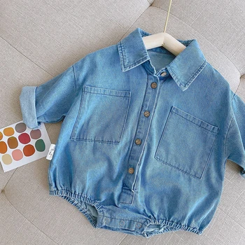 Džinsa Jaundzimušo Bērnu Zēniem Romper Modes Rudenī Korejas Tīru Krāsu Vienkārši Garām Piedurknēm Toddler Apģērbu Jaunas Kokvilnas Kabatas Zīdaiņu Apģērbs