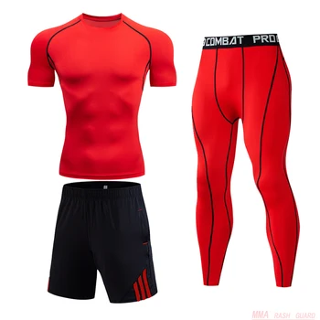 Vīriešu Sporta zālē Darbojas uzvalks tīrtoņa krāsu MMA taktiku T-krekls + zeķes + Sporta bikses 3 Gab Tracksuit rashgard Vīriešu Īsās Skriešanas tērps
