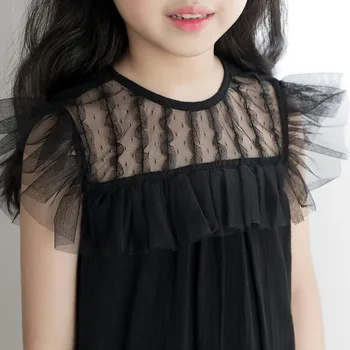 DFXD Pusaudžu Meitene, Dzimšanas dienas svinības Kleitu Modes Augstas Kvalitātes Melnā Lidot Mežģīņu Piedurknēm Ruffles Princese Kleita korejiešu Meitenes Kroku Kleita