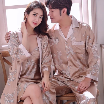 Japāņu Sleepwear par Pāris Apģērba Gluda Zīda Pūķis Drukāt Sieviešu Drēbes Haori Vīriešu Pidžamas Komplekts Kimono Kleita Yukata