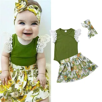 Jaundzimušais Meiteņu Apģērbu Komplekti, no 0-24M Gudrs Mežģīnes Lidot Piedurknēm Romper Topi Ziedu Svārki Tērpiem Galvu 3Pcs Baby Girl Tērpiem