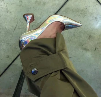Spožas Lakādas Augstpapēžu Kurpes Sievieti Sexy Norādīja Toe Goblet Papēža Slim Sūkņi Varavīksnes Krāsu Pavasarī Zapatos Mujer