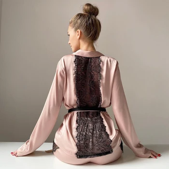 HECHAN Sexy Mežģīņu Raibs Sleepwear Sieviešu Backless garām Piedurknēm Līmēšana Bikses Melnas Sieviešu Pidžamas Komplekts Haki Naktsveļu Kostīmi