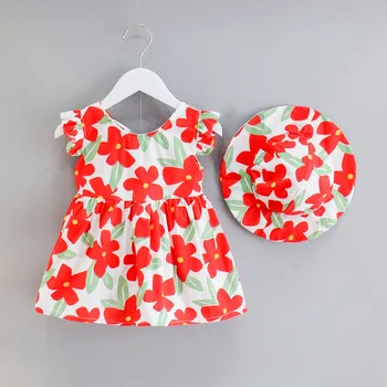 2020. gada Vasaras Baby Girl Dress Jauna Meitene, Salds Ziedu Augļu Drukāt Lidot Piedurknēm 2gab Kopumu, Kleita ar Cepuri-line Boho Princese Sundress