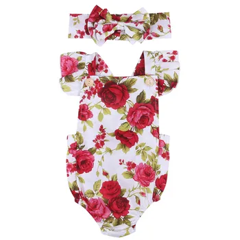 Jaundzimušo Ziedu Apģērbu Komplekts 2019 Baby Meiteņu Drēbes, Ziedu Romper Bez Piedurknēm Bodysuit + Galvas Tērpiem Vasaras Stils