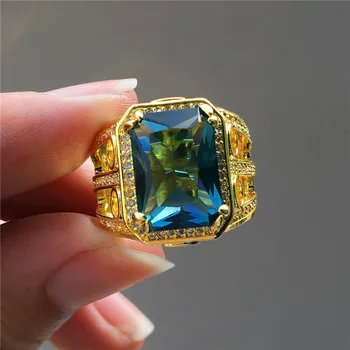 Luksusa Vīrietis Sieviete Big Blue Zircon Akmens Gredzens 18KT Dzeltena Zelta Puses Pirksta Gredzenu Vintage Solījums Saderināšanās Gredzeni Sievietēm