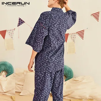 Ir 2021. Modes Vīrieši Gadījuma Sleepwear Kostīmi Vīriešu Iespiesti Pidžamas Komplekts Pusi Piedurknēm, V Veida Kakla Homewear Kimono, Garas Bikses Harajuku Naktsveļu