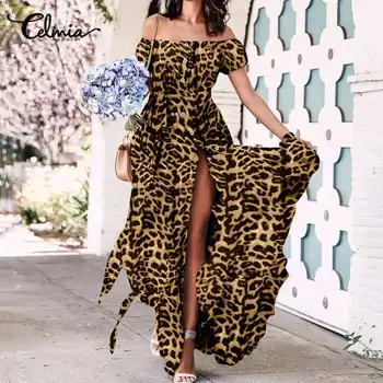 Plus Lieluma Sundress Sieviešu Vintage Leopards Drukāt Ruffles Sen Maxi Kleita Celmia 2021. Gada Vasaras Īsām Piedurknēm Sexy Off Plecu Apmetni