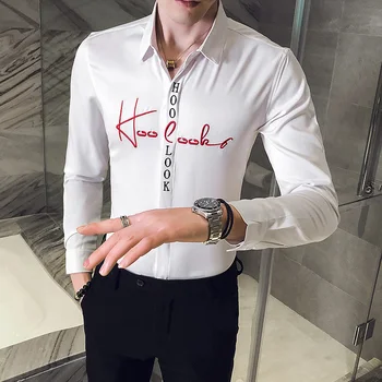 Modes Vienkāršu Vēstuli Izšuvumi Krekls Vīriešiem 2020. gadam Visas Spēles Streetwear garām Piedurknēm Vīriešu Sociālo Kreklus, Slim Fit Gadījuma Balli Smokings