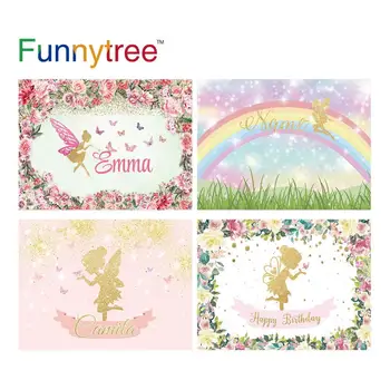 Funnytree Dzimšanas dienu Fonā Meitene Pavasarī Rozā Ziedu Tauriņš Zelta Spīguļi, Halo Pasaku Puse Photozone Fonu Elfu Vinila