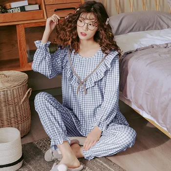 Sievietēm Ar Garām Piedurknēm Salds Pleds Drukāt Sleepwear Uzvalks Pavasara Rudens Pidžamas Komplekts Meitenei Naktskrekls Gadījuma Homewear Pijamas Mujer