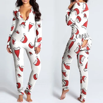 Sievietēm Ziemassvētku Onesies Ar Savienojuma Atloku Pieaugušajiem Sexy Sleepwear Romper Sieviešu Atvērt Muca Pidžamu Ziemassvētki Pyjama Ilgi, Naktskrekli