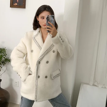 Modes jēru kažokādas uzvalks sieviešu ziemas jaka jaunu high-end Zaudēt atpūtas Ziemas biezā baltā divrindu sieviešu Bleizeri sievietēm