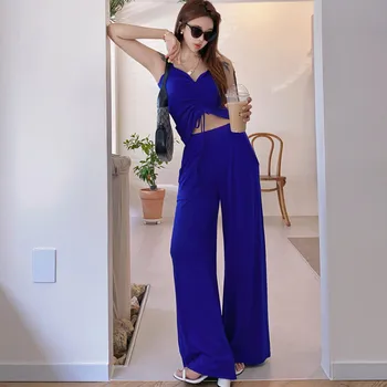Vasaras Streetwear 2 Gabals Tērpi Sievietēm Sexy Spageti Siksnas Cietā Aukliņu īss Top+Elastīgs Viduklis Plaša Kāju Bikses