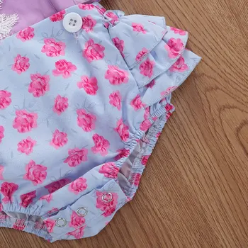Vasaras Bērniem, Baby Meitenes Zēni Playsuits Ziedu Drukāt Ruffles Piedurknēm Violeta Jumpsuits Galvas Stīpa