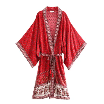 Fitshinling Bārkstis Jostas Kokvilnas Bohēmijas Kimono Vintage Print Brīvdienu Garo Jaku Pludmales Cover-Up Peldkostīmi, Bikini Izbrauciens Pārdošana