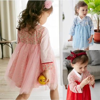 Korejas Tradional Kleita Jaundzimušais Meitene Zīdaiņu Apģērbs Acs Hanbok Kostīms Meitenēm Dzimšanas dienas Dāvanu garām Piedurknēm Ziedu Drukāt