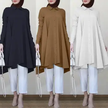 ZANZEA Asimetrisks Krekli, Sieviešu Rudens Blūze Ir 2021. Gadījuma Retro garām Piedurknēm turku Drēbes, Krekli, Sieviešu Cietā Islāmu Apģērbi