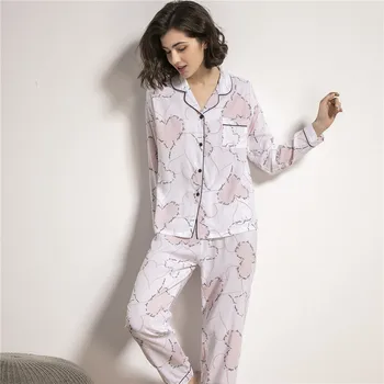 JŪLIJS DZIESMA Viskoze Sieviešu Pidžamas Gadījuma Savukārt-Apkakle ar garām Piedurknēm Sleepwear Ziedu Iespiesti Kabatas Rudens Pyjama Femme