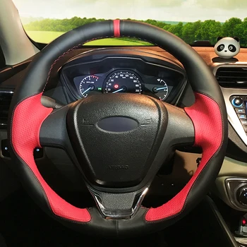 Roku šūtas Melnās Sarkanas Ādas Anti-slip Auto Stūres Rats Segumu Ford Fiesta 2008-2017 EcoSport-2017