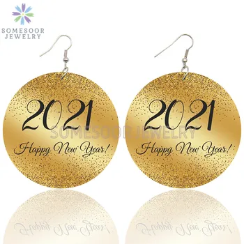 SOMESOOR Laimīgu Jauno Gadu Ir 2021. Zelta Krāsu Iespiests Koka Piliens Auskari Vintage Ziemassvētku noformējumu Cilpas Vilināt Sievietēm Dāvanas