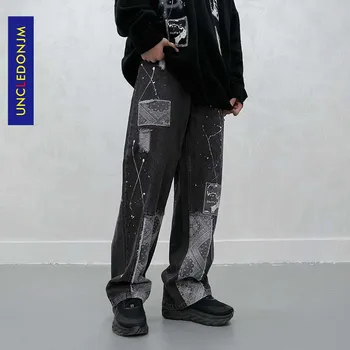 UNCLEDONJM Krāsu Bloks indijas džinsi Raibs grafiti džinsi vīriešu, hip hop, punk bikses vīriešu džinsu bikses YGH01