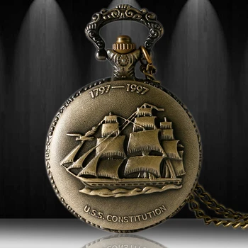 Antīko 1797-1997 ASV Konstitūciju, Buru Audekls Laivu Kuģa Dizains Kvarca Kabatas pulkstenis Ar Kaklarota Ķēdes Dāvanu Kulons