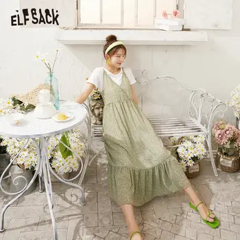 ELFSACK Disty Ziedu Drukāt Raibs Gadījuma Savirmot Kleitas Sievietēm 2020. Gada Vasaras Vintage korejas Girly Viltus 2 Gabali Svētku Kleita