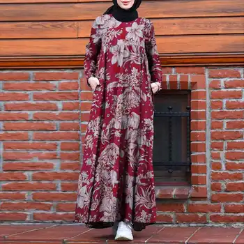 ZANZEA Retro Dubaija Abaya Turcija Hijab Kleita Sievietēm Vintage Ziedu Iespiesti Maxi Sundress Rudens garām Piedurknēm Kaftan Musulmaņu Vestido