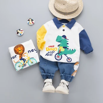 Jauna Rudens 2020. Gadam Zēnu Drēbes Uzvalku Karikatūra Dinozauru garām Piedurknēm Top T-krekls, Džinsi, 2 Gab. Komplekts Bērniem Drēbes Gadījuma Puika