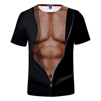 Augstas Kvalitātes Vīriešu Viltus divus gabalus T krekls 3D O-veida Kakla Īsām Piedurknēm Gadījuma Spēcīga Vīrieša krūšu muskuļus Hip Hop Modes Punk T Krekli