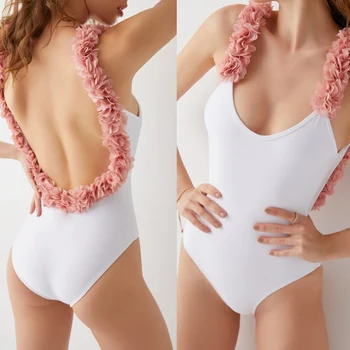 2019 Hot sexy peldkostīms viens gabals Ziedu rota ar tīru krāsu peldkostīmi sieviešu bodysuit monokini trikini peldēšanas peldkostīms
