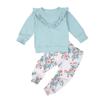 Baby Girl Apģērbu Komplekts ar garām Piedurknēm ar Mežģīņu Džemperis Top Modes Ziedu Bikses 1-6Y Bērni Bērniem Pavasarī, Rudenī Gadījuma Kokvilnas Apģērbs