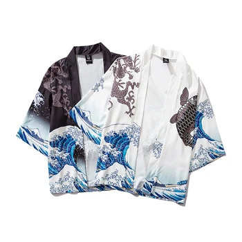 Bebovizi Japāņu Vilnis Koi Drukāt Kimono Jaka Jakas Vīriešu Modes Outwear Japānas Stila Gadījuma Streetwear Plānas Kārtas 2019