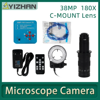 Ciparu Video Mikroskopa Kamera, HDMI, VGA 38MP 16MP 1080P 180X C mount objektīvs, LED Ring Light for PCB Lodēšanas Remonts Video izejas