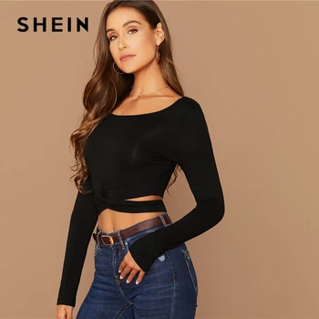 SHEIN Cietā Izgriezt Crisscross Priekšā Kultūraugu Top T-Krekls Sievietēm Pavasara Rudens Liekšķere Kakla garām Piedurknēm Sexy Stretchy Slim Fit Tshirts