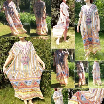 Sieviešu Vasaras Boho Beach Kaftan Kleita Bohēmijas Ziedu Drukāt Zaudēt Sadalīt Vintage Etnisko Tērpu Femme Sen Maxi Kleitas Plus Lieluma