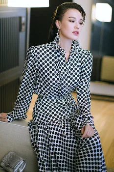 Skrejceļa Augstas Kvalitātes Rudenī Jaunu Sieviešu Modes Gadījuma Puse ar garām Piedurknēm Vintage Elegants Dot Drukas Midi Kleita