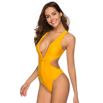 2019 Sexy Viengabala Peldkostīmu, Peldbikses Sieviešu Bodysuit Sandales Dzeltenā Krāsā Peldkostīms Vintage Beach Valkāt Izgriezt Monokini Peldkostīmu