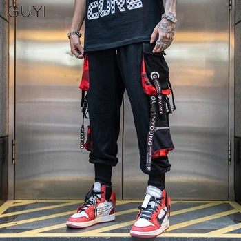 Hip Hop Joggers Kravas Bikses Vīriešiem Bloks Hit Krāsu Kabatā Dziesmu Vīriešu Treniņbikses Streetwear Vēstuli Lentes Gadījuma Melnas Bikses
