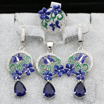 Zilā Safīra Un Sudraba 925 Komplekti Šarmu Emaljas Butterfly Ziedu Auskari Sievietēm Apdare Roku Darbs Jewellry Dropshipping