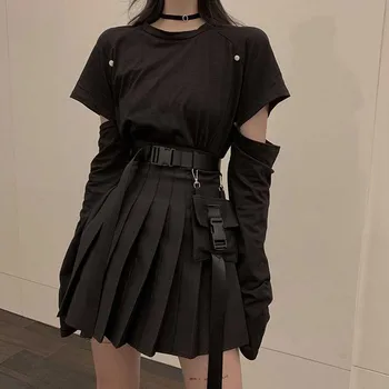 Gothic black set-line Sievietes Sexy Mini Augsta Vidukļa Svārki Streetwear Sieviešu Punk Stila Sānu Kabatas Modes Dizaina Kroku Svārki