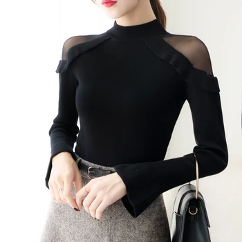 Jauno Modes Izlīdzināšanu Piedurknes Pie Pleca Sieviešu Džemperis Ir 2021. Rudens korejas Slim Fit augstu uzrullētu apkakli Sieviešu Džemperi Vilkt Femme 6387 95