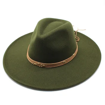 Fedora cepuri lielām malām 9.5 cm armijas zaļa, melna ar joslu virvi, sieviešu cepures, vīriešu tīrtoņa krāsu nodilušas oficiālu vintage rudens, ziemas cepures,