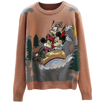 Disney Modes Minnie Mickey Mouse, Karikatūra Izdrukāt Sequined O-Veida Kakla Streetwear Gudrs Sieviešu Džemperis Trikotāžas Džemperis Ar Garām Piedurknēm Topi