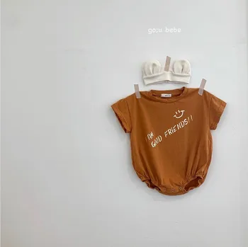 Vasaras Īsām Piedurknēm Bērnu Bodysuit Vēstuli Apdrukāta Kokvilnas Hardcover Rāpulis Ar Fart Mētelis Baby Girl Apģērbu ar Galvu