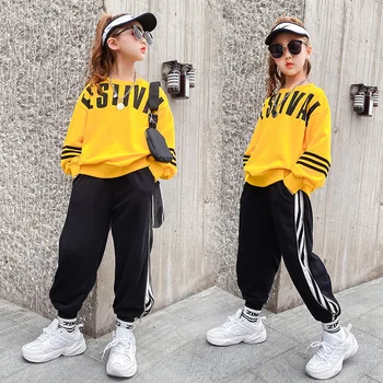 Bērnu Pavasara, Rudens Hip-Hop Darbības Tērpi Meitenēm korejas Prakses Deju Apģērba Dzelteno 14 Gadu Bērni O-veida Kakla Tracksuit